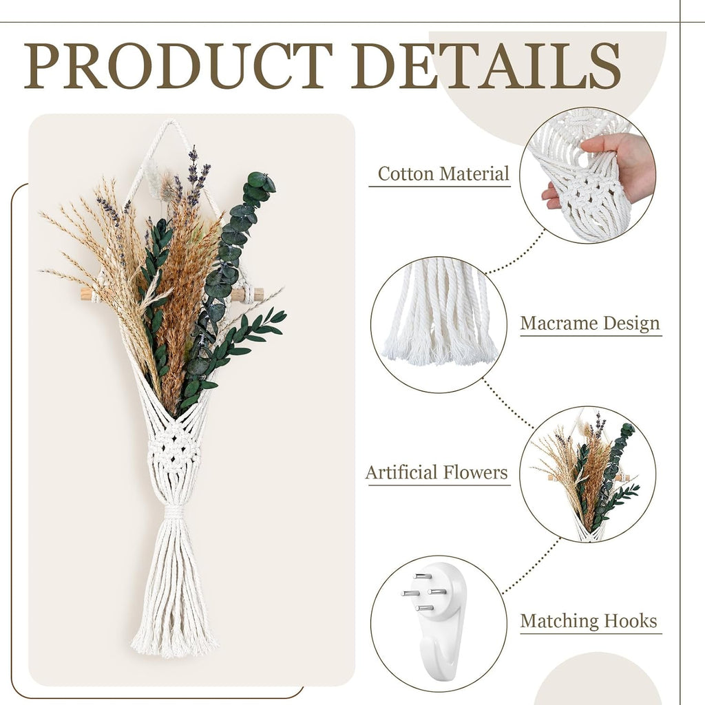 2 Pack Boho Wall Decor Macrame Wall Hanging with Artificial Flowers