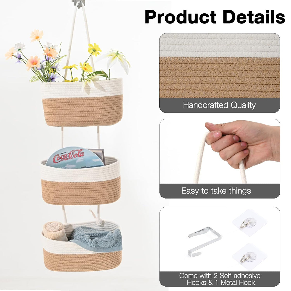 Hanging Baskets for Organizing 3-Tier Wall Basket Khaki & Off White