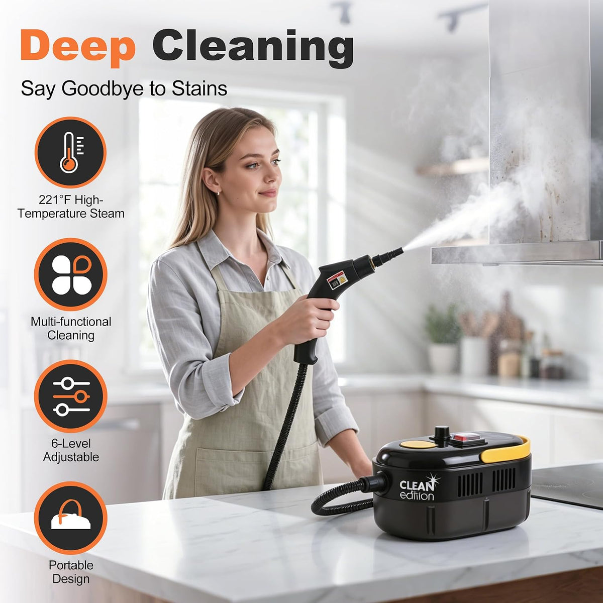CE-01 Portable Steam Cleaner with Accessory Kit, High Temperature Handheld Steam Cleaning Machine for Home, Kitchen, Bathroom, Tile Grout, Sink, Range Hood, Car Interior and Household Surfaces