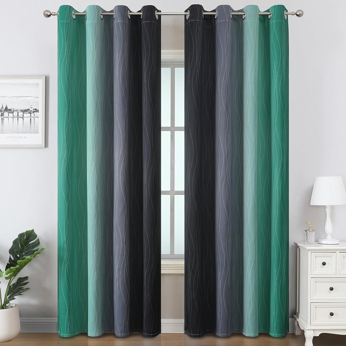Estelar Textiler Black and Green Ombre Blackout Curtains 84 Inches Long