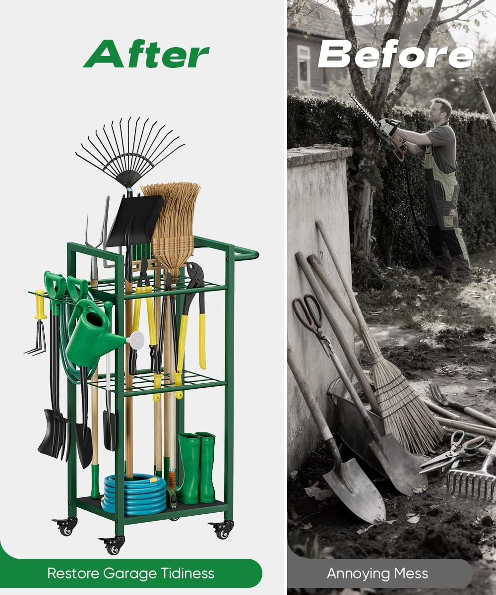 Garden Tool Organizer with Wheels, Yard Tower Rack, Green