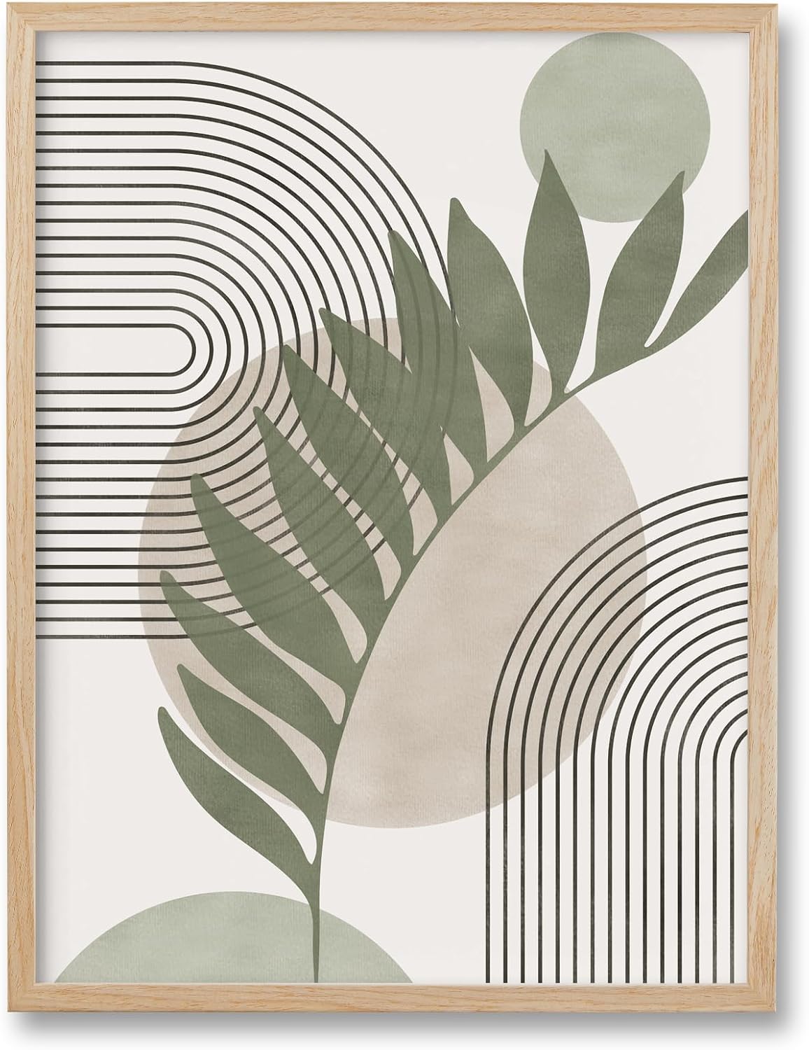HesenDot 12x16in Boho Sage Green Botanical Natural OAK Wood Framed Wall Art