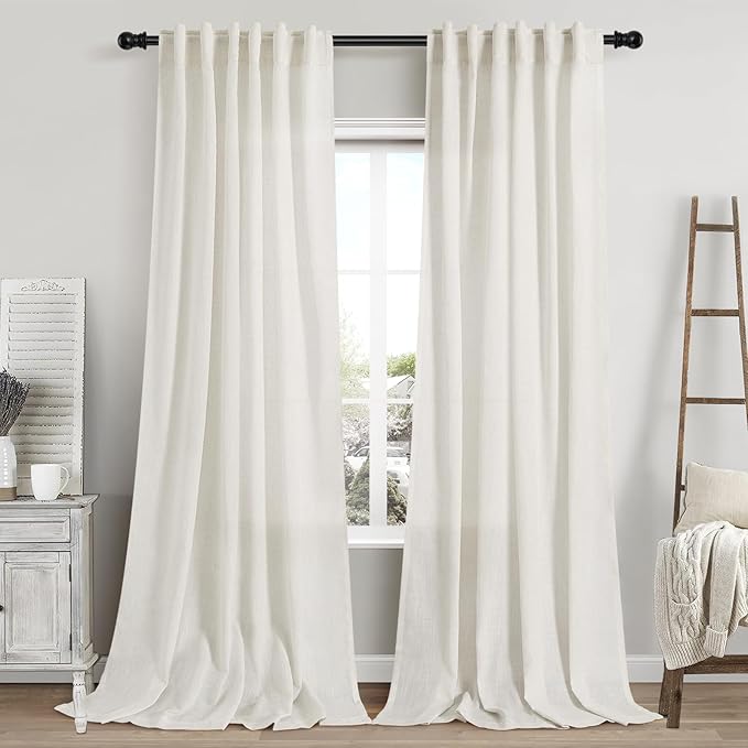 Cream Linen Curtains 108 Inches Long 2 Panels Set Back Tab Rod Pocket Semi by Nanspring