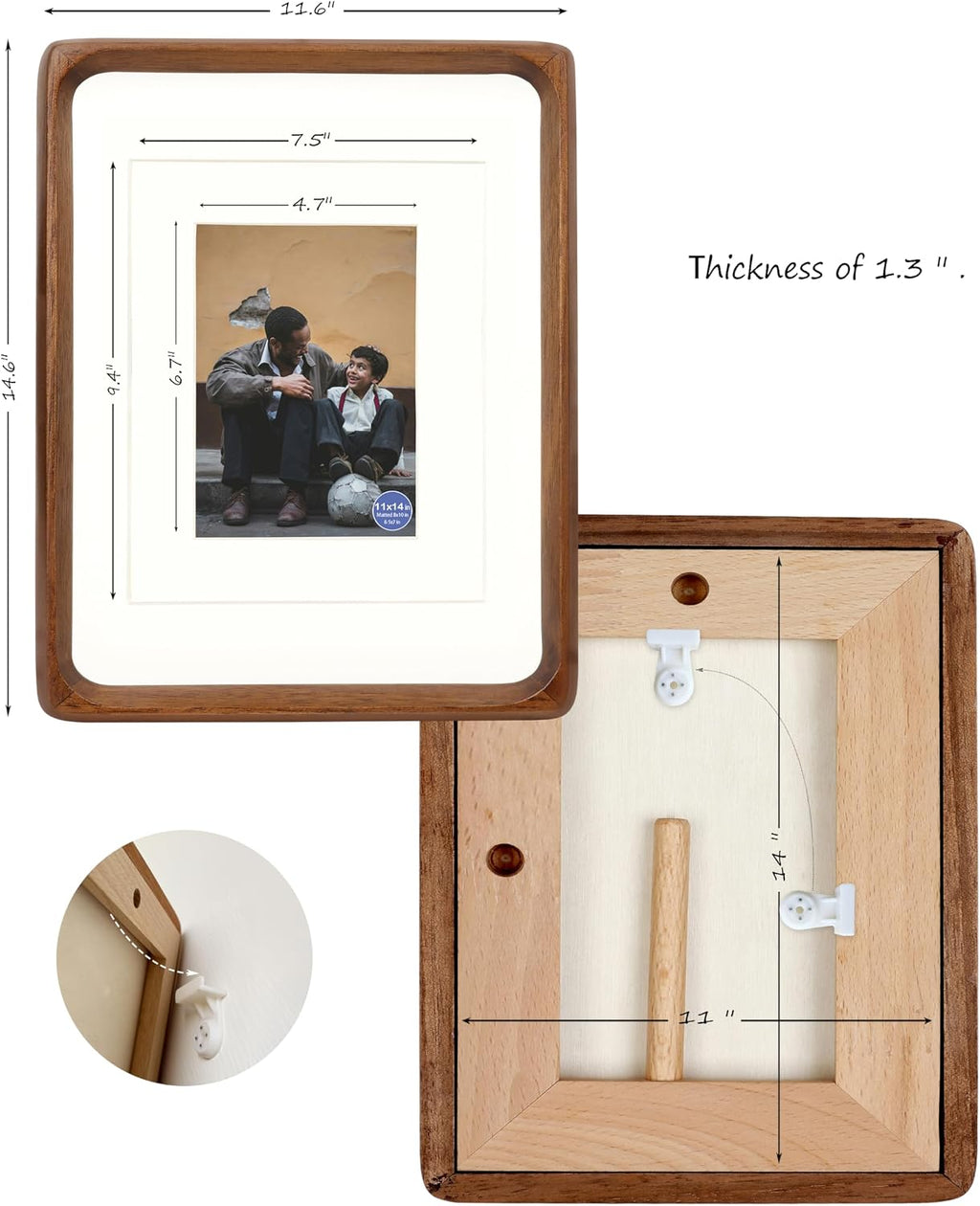 11x14 Picture Frames Walnut Solid Wood with Real Glass Vertical Horizontal Standing Display Photos 5x7/8x10 with Mat or 11x14 Without Mat Lovely Gift for Desk Tabletop Wall Mount H14