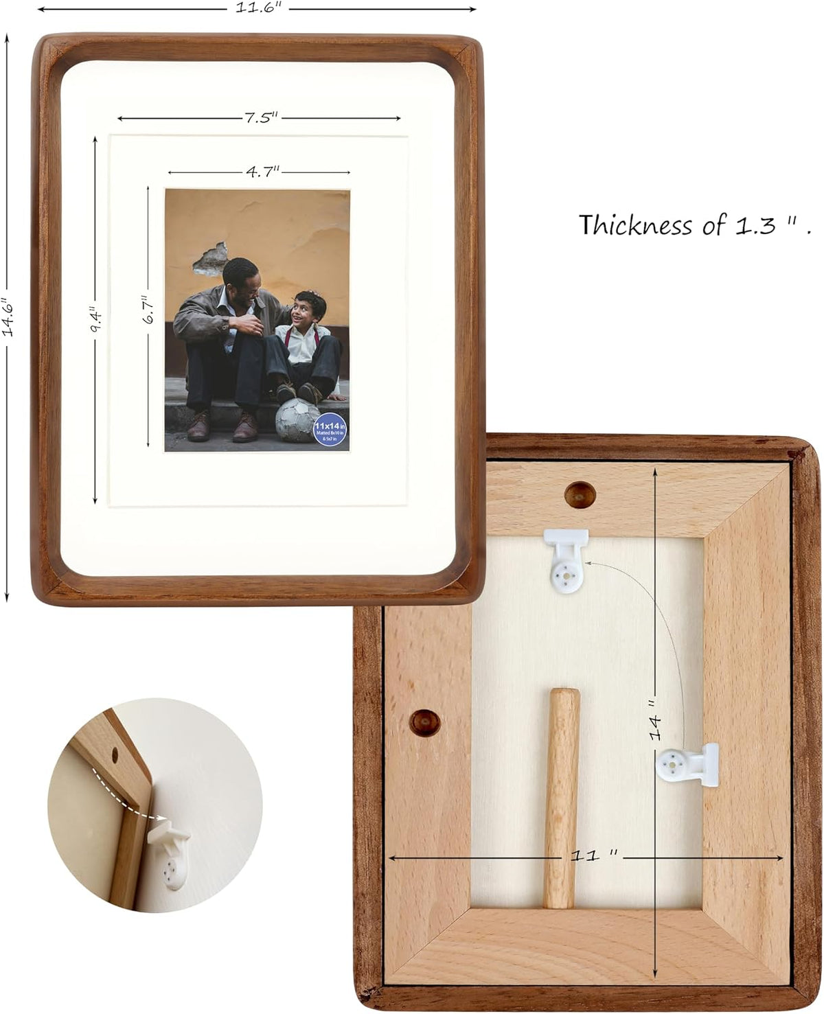 11x14 Picture Frames Walnut Solid Wood with Real Glass Vertical Horizontal Standing Display Photos 5x7/8x10 with Mat or 11x14 Without Mat Lovely Gift for Desk Tabletop Wall Mount H14