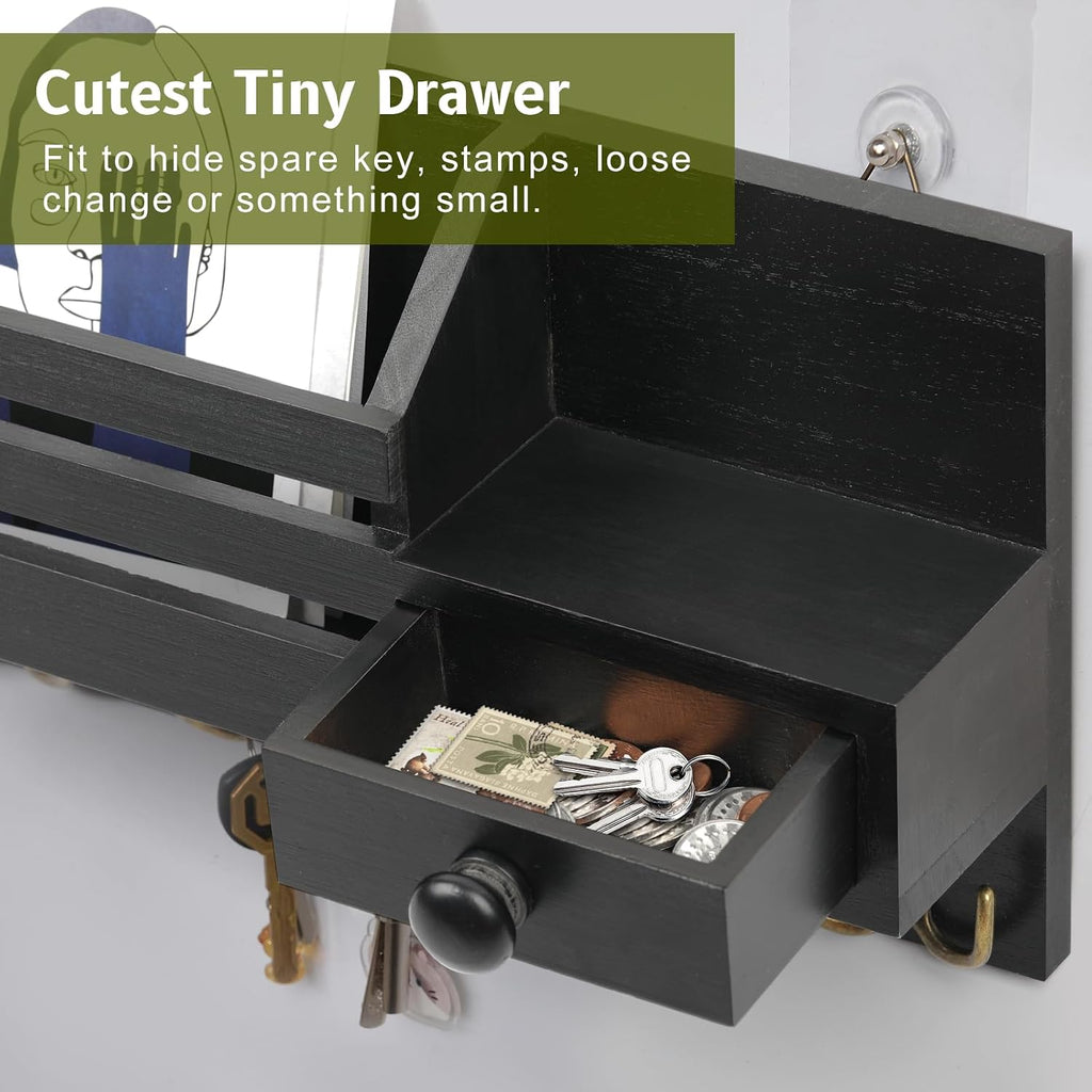 Key Holder Wall Mount, Wooden Key and Mail Organizer, Black