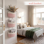 TeoKJ Over the Door Hanging Storage Basket 3 Tier Wall Organizer White&Pink
