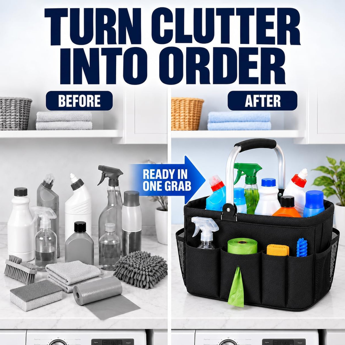20L Foldable Cleaning Caddy with Handle, Black Storage Basket