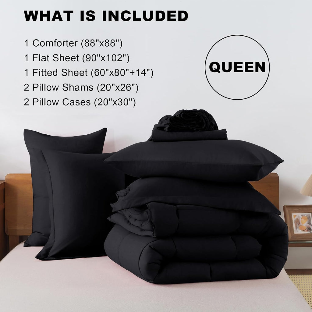 ELNIDO QUEEN® Queen Comforter Set Black - 7 Pieces Bed in a Bag Comforters Queen Size, Bed Set All Seasons, Black Bedding Sets with Comforter, Flat Sheet, Fitted Sheet, Pillowcases and Pillow Shams