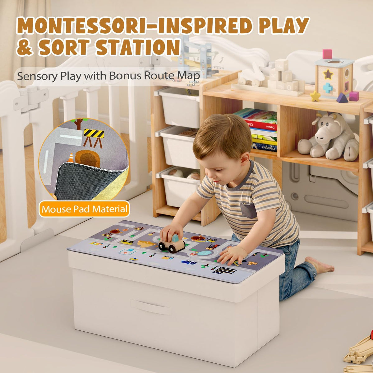 Montessori Shelf for Kids - 100% Solid Pine Wood with 6 Removable Plastic Bins, Toy Storage Organizer Cabinet for Playroom, Bedroom & Nursery (Natural)