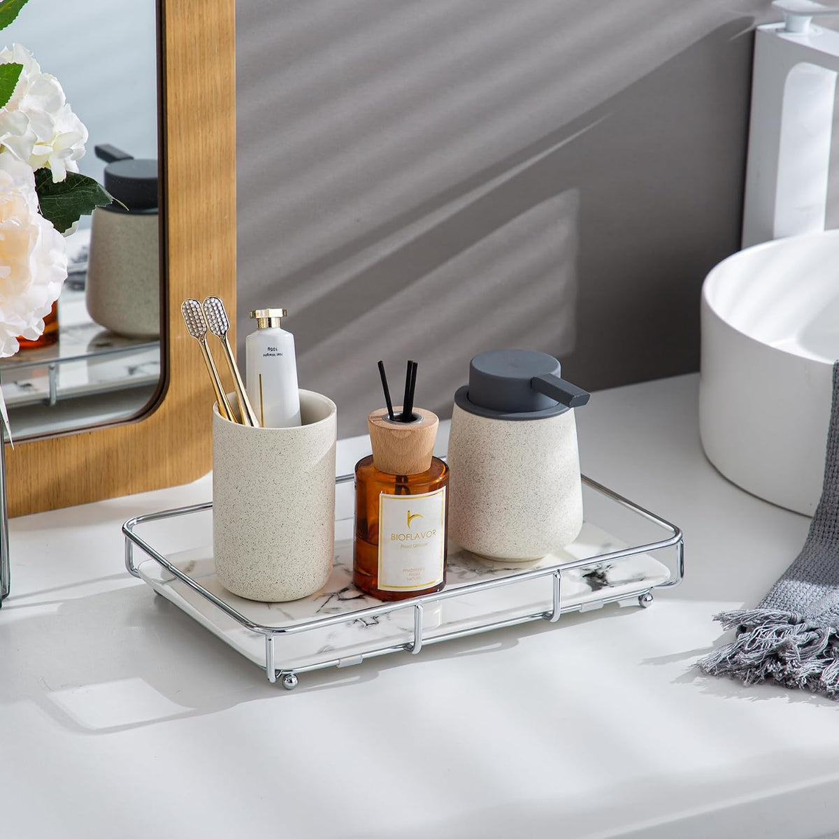 Dobbyby Vanity Tray Makeup Organizer Cosmetics Storage Bathroom Skincare Organizer Countertop Display Rack in Dresser Stainless Steel Shelf Marble Print Ceramic Trays