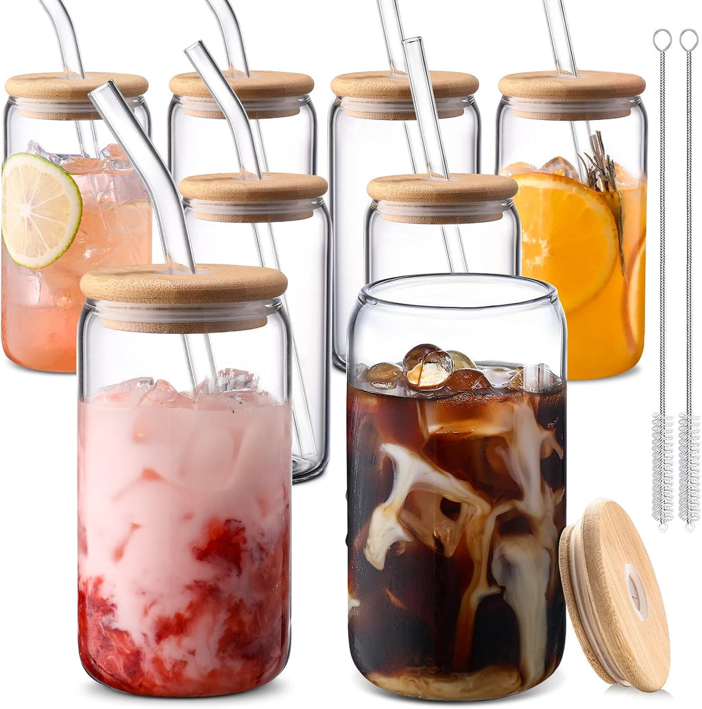 Iced Coffee Cups with Lids,Glass Cups with Lids and Straws,4 Coffee Tumbler