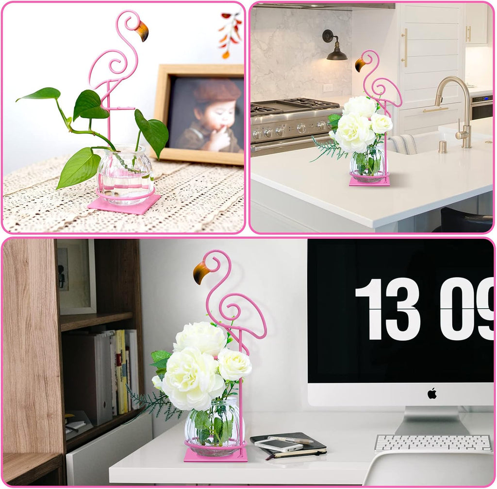 Tabletop Pink Flamingo Planter Propagation Station, Glass Vase Metal Stand
