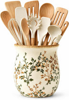 Large Green Floral Ceramic Utensil Holder for Kitchen Counter Utensil Crock