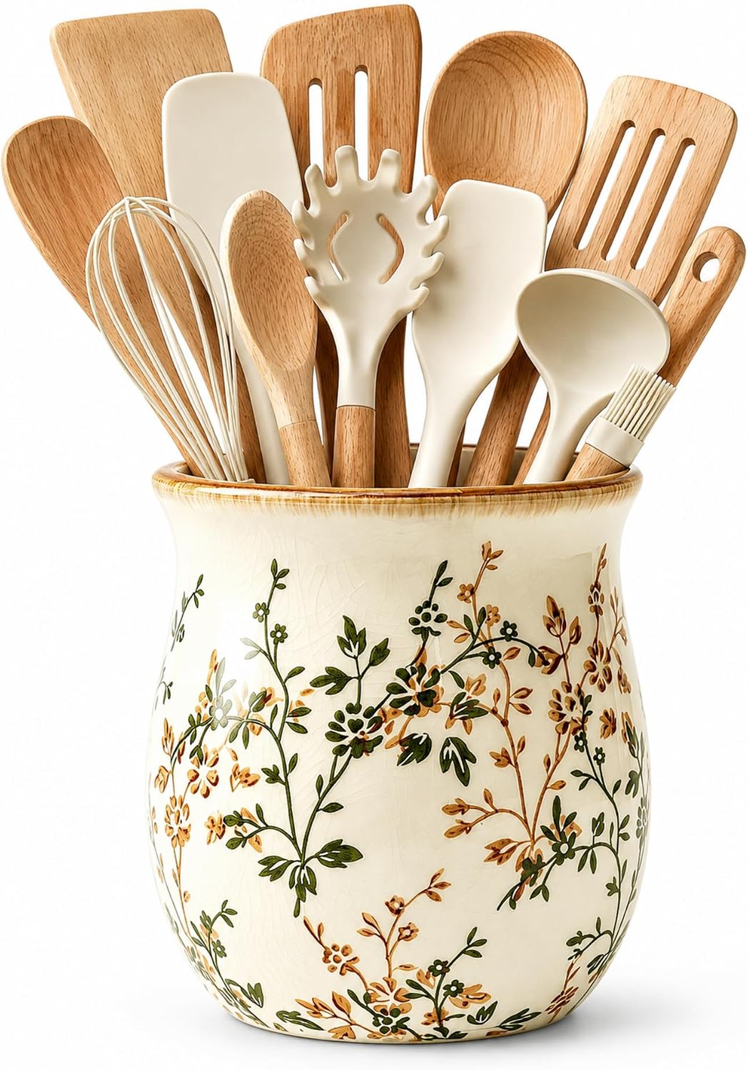 Large Green Floral Ceramic Utensil Holder for Kitchen Counter Utensil Crock