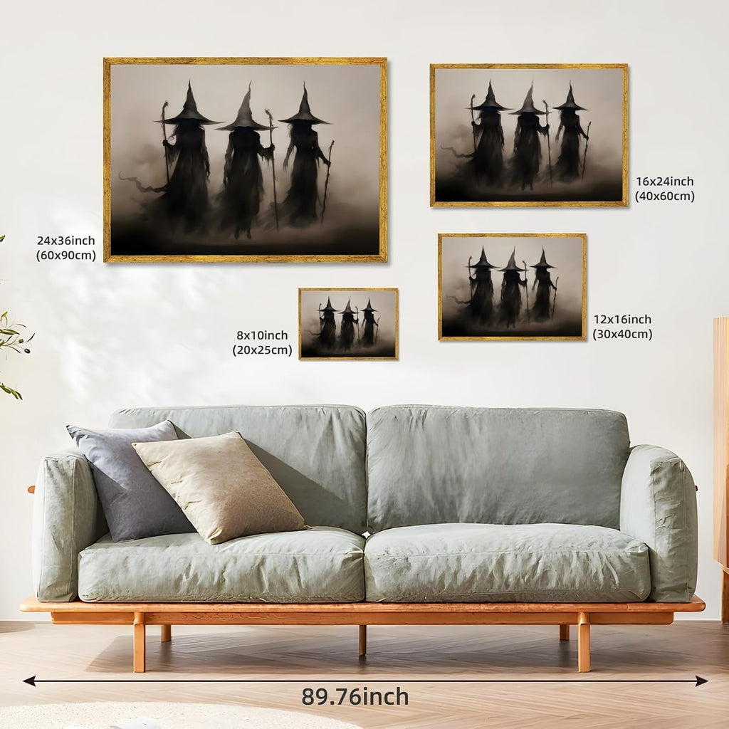 Three Witches Framed Halloween Wall Art Print Vintage Creepy Witchy Poster Spooky Gothic Mystical Witch Picture Dark Academia Occult Canvas Painting Decor for Bedroom Dorm Party Room 8x12inch