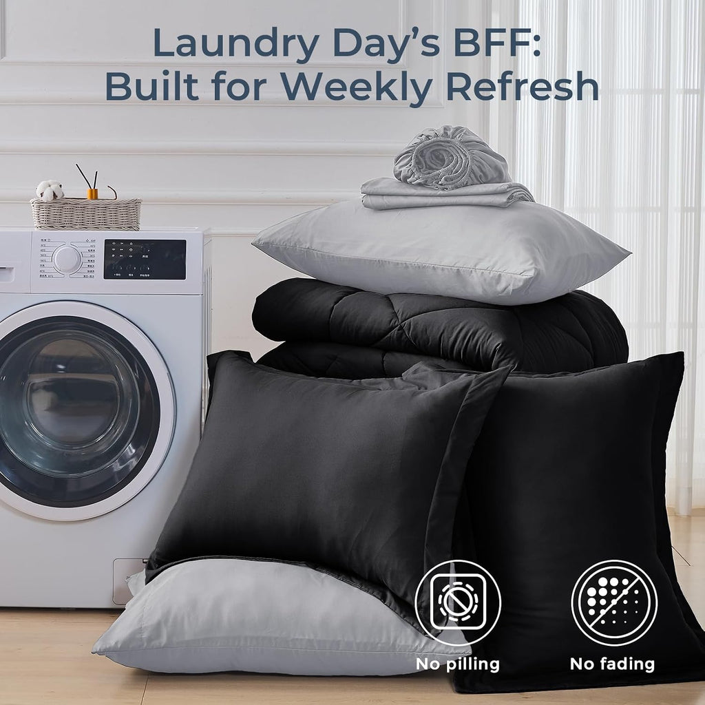 HEVUMYI 7-Piece Full Comforter Set, Black & Light Grey Bed in a Bag
