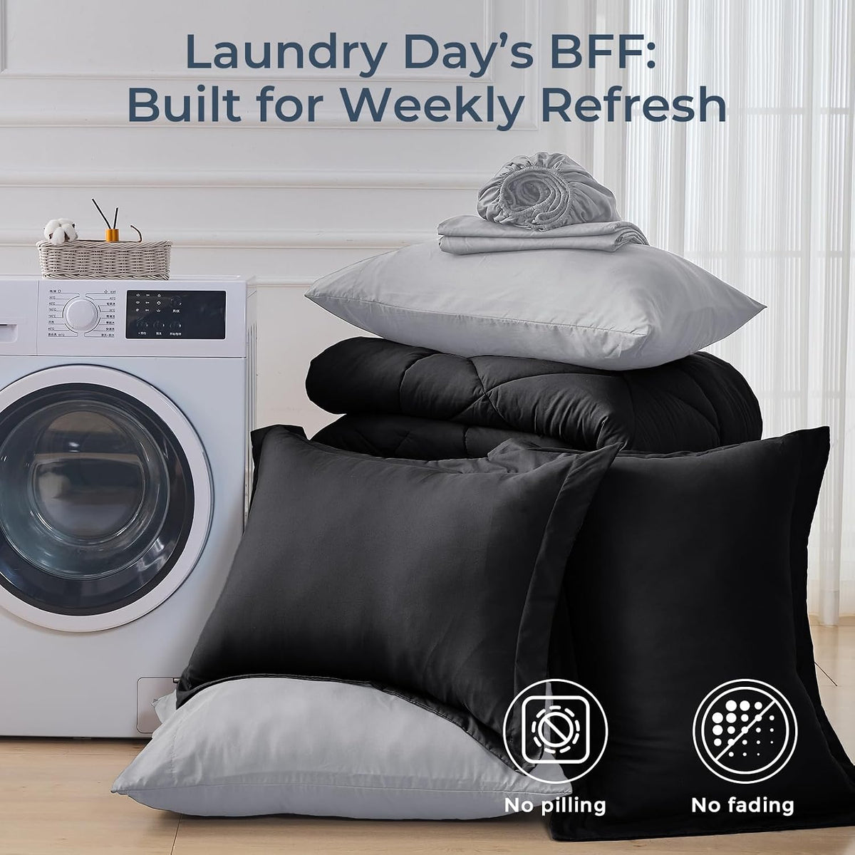 HEVUMYI 7-Piece Full Comforter Set, Black & Light Grey Bed in a Bag