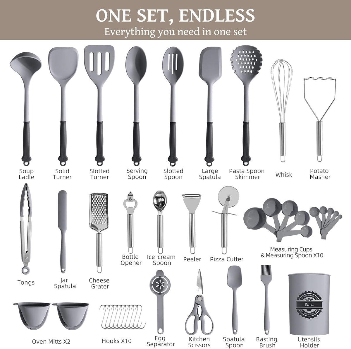 Kikcoin 43 PCS Silicone Kitchen Utensils Set, Cooking Utensils Set, Gray