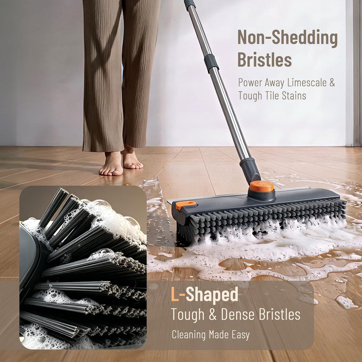 3 in 1 Floor Scrub Brush with Long Handle & Squeegee Tweezer: Up to 54"