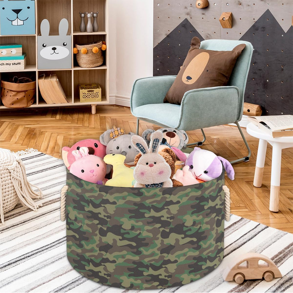 Army Camo Camouflage Large Storage Basket Round Laundry Basket with Handle Organization Collapsible Storage Bins Box Hamper for Kids Toy Clothes Nursery Bedroom Living Room Decor