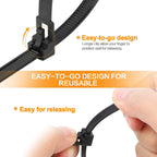 100 Pack Reusable Zip Ties Assorted Sizes 6 8 10 12 Inch Black Cable Ties