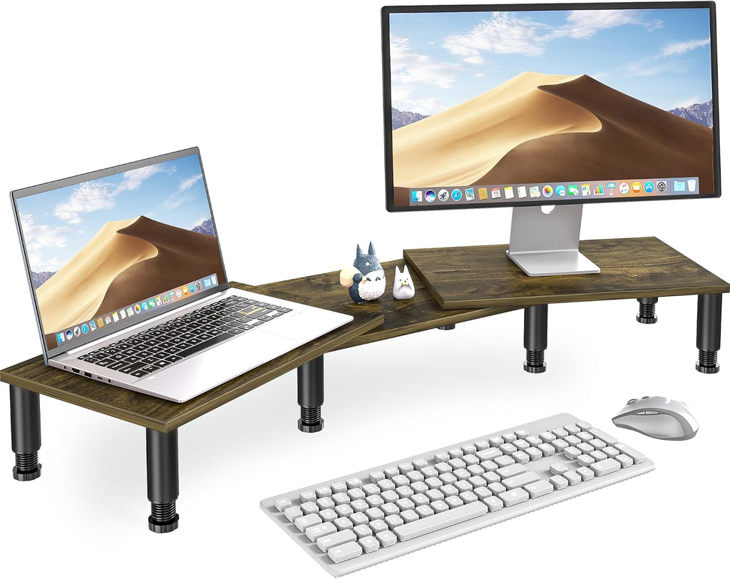 Dual Monitor Riser - Adjustable Length & Angle, Wooden Stand for 2 Monitors with Storage