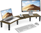 Dual Monitor Riser - Adjustable Length & Angle, Wooden Stand for 2 Monitors with Storage