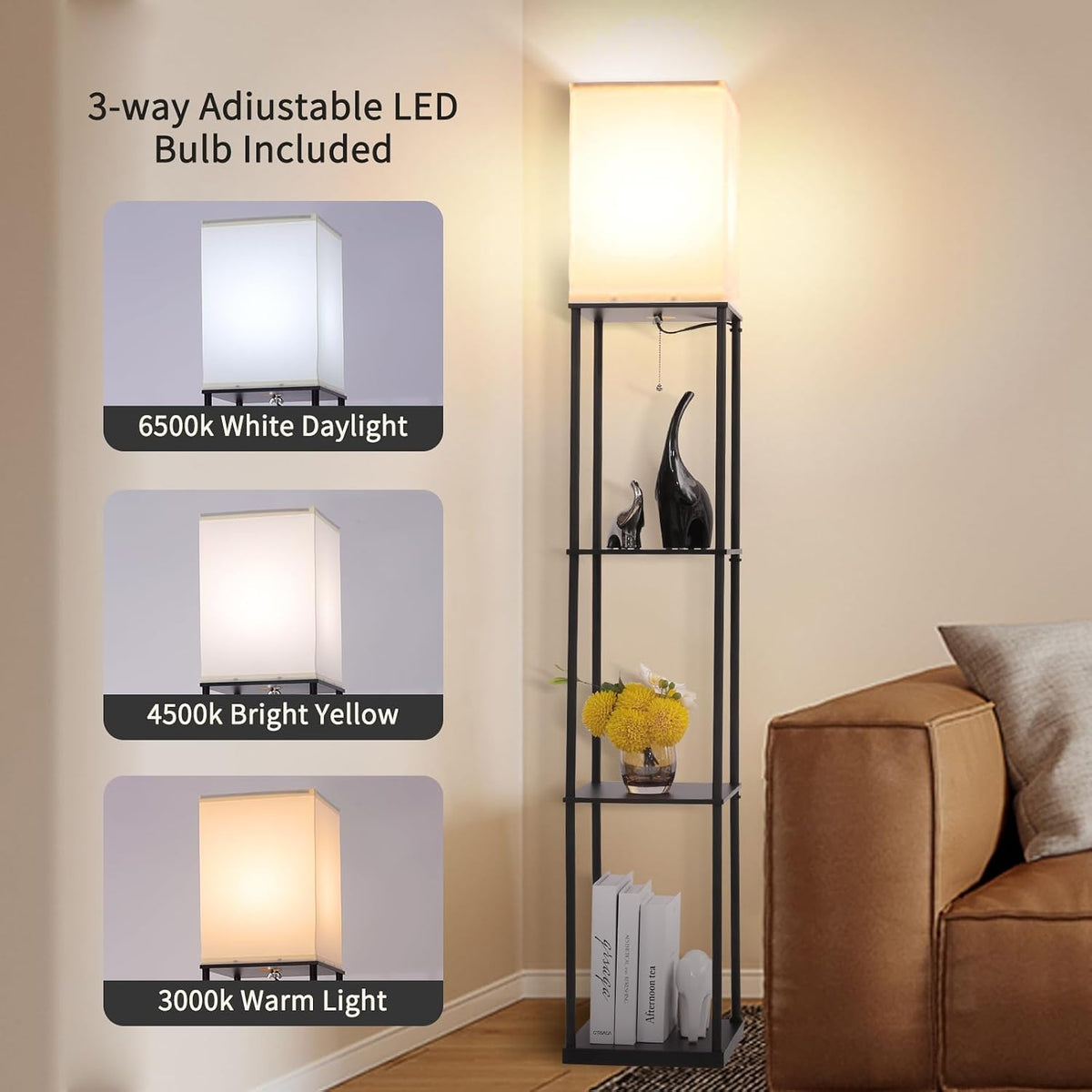 Gupuzm Floor Lamp with Shelves, Modern Square Standing Lamp with 3 Color Temperature Bulb, Corner Display Bookshelf Lamp for Living Room, Bedroom and Office (Black)