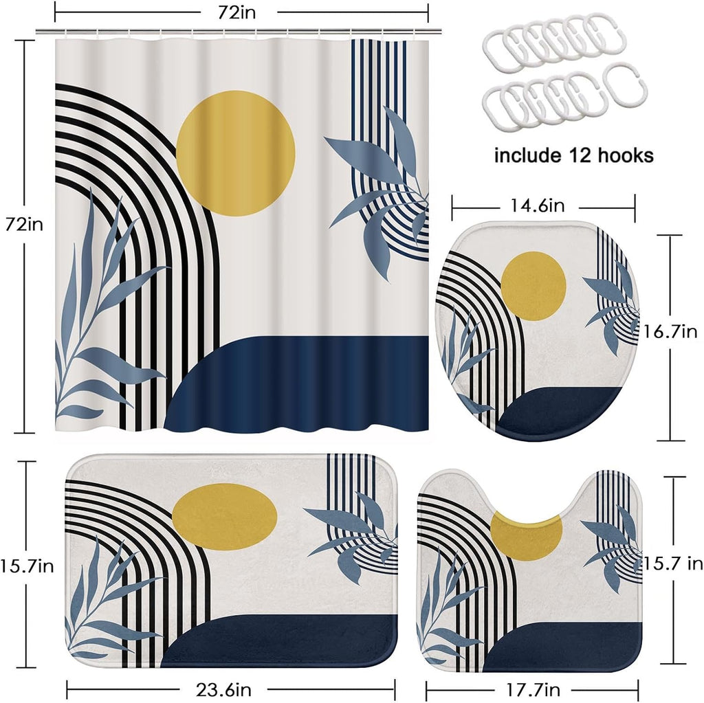 Bathroom Sets with Shower Curtain and Rugs, Boho Geometric Set of 4