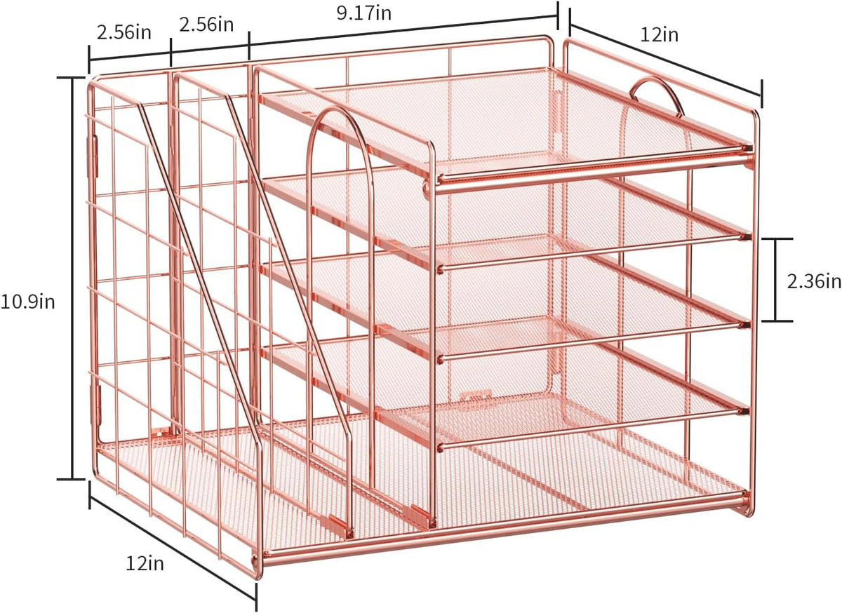 Marbrasse Desk Organizer with File Holder, 5-Tier Paper Letter Tray, Mesh Desk Accessories, Magazine Holder, Desktop Organizer and Storage for Office Supplies, Rose Gold