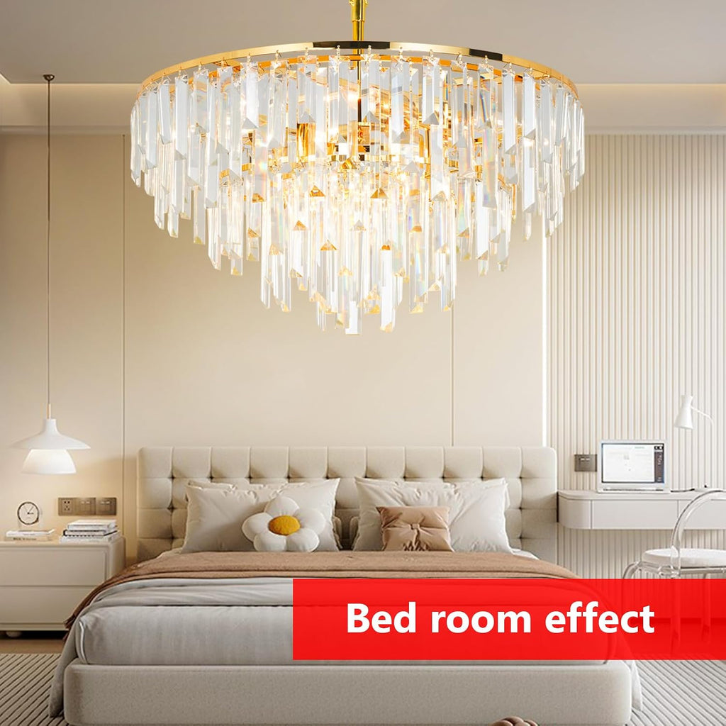 Gold Modern Round Top K9 Crystal Chandelier Lighting Fixture, 8 Lights Round K9 Crystal Adjustable Hanging Lamp for Dining Room Bedroom Living Room,Hallway,Bar,Kitchen W24''