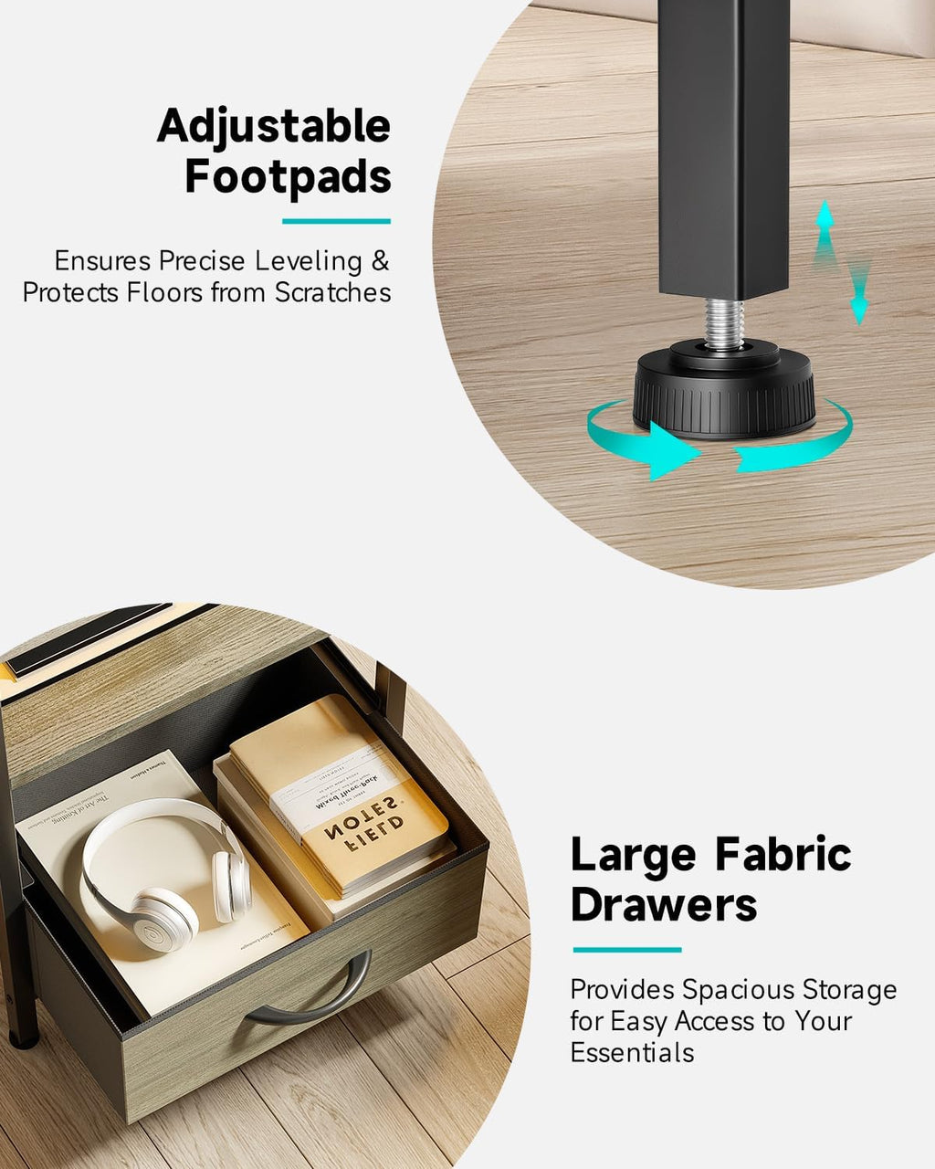 Lazzanto Nightstand with Rear Charging Station, LED Light, 2 Drawers, Grey