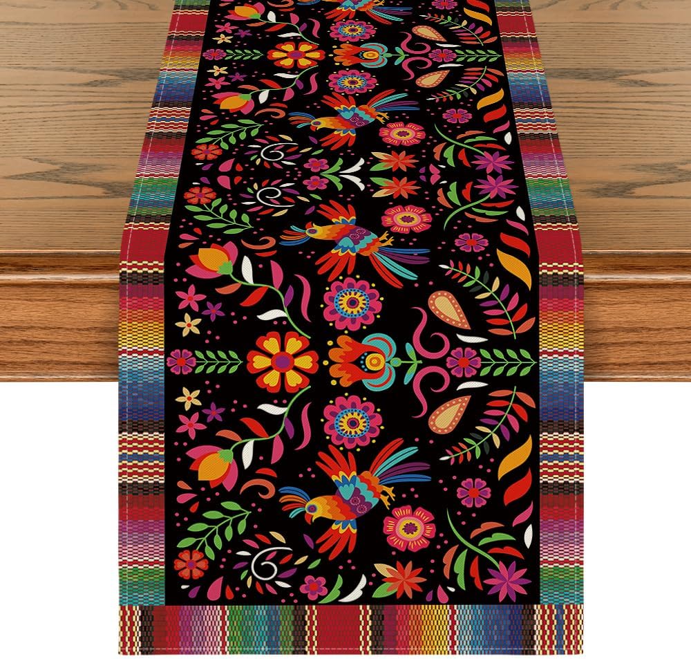 Artoid Mode Bird Dia De Los Muertos Serape Mexican Fiesta Table Runner, Cinco De Mayo Day of The Dead Kitchen Dining Table Decoration for Home Party Decor 13x120 Inch