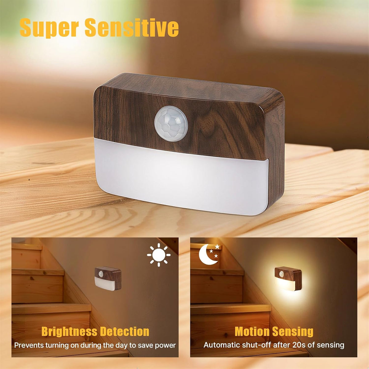 Guankai 8 Pack Motion Sensor Stair Light Indoor, Wireless Battery Operated Closet Lights, Stick on Anywhere Hallway Lamp, Portable Led Night Lamps for Bedroom Under Cabinet Kitchen, Wood Grain