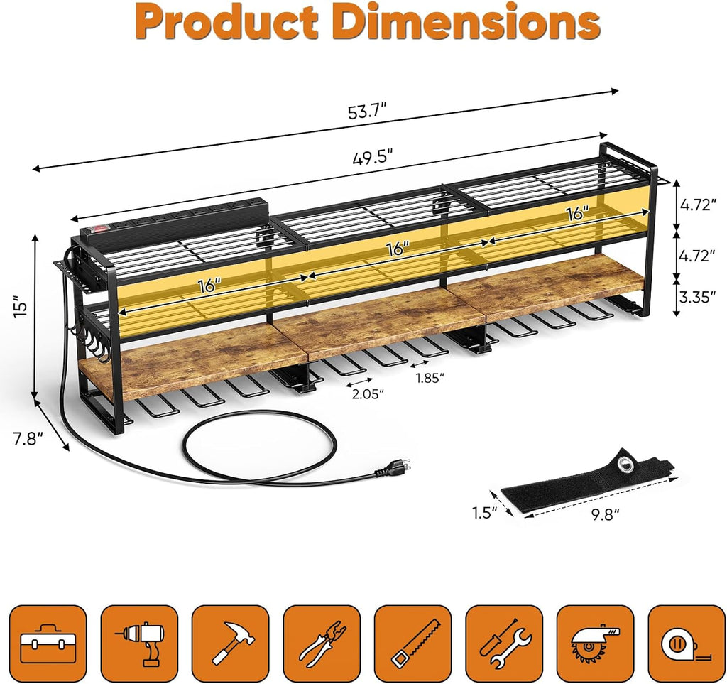 Power Tool Organizer Wall Mount with Charging Station, 4 Tier Tool Battery Storage Rack Built in 8 Outlet Power Strip for Garage, 49" W, Black Wood