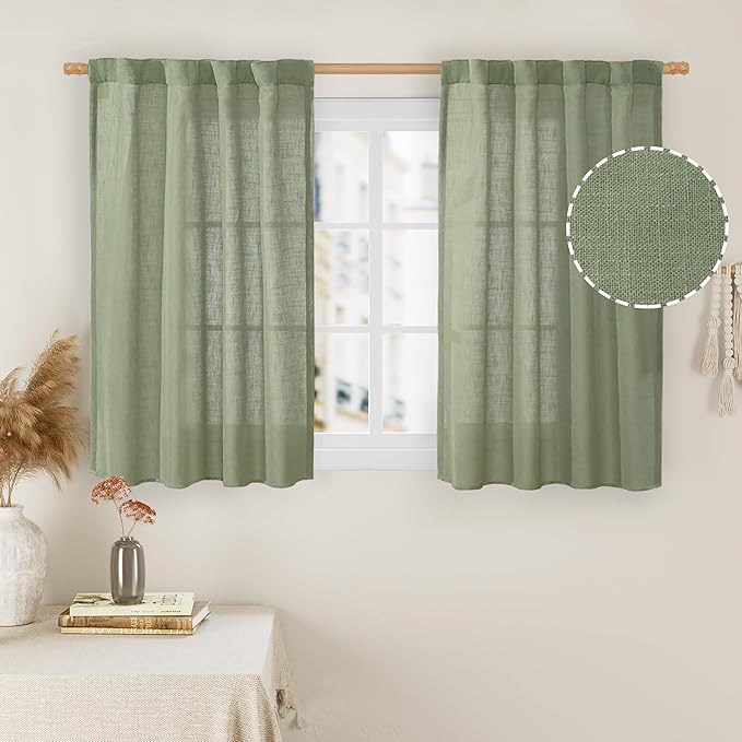 LAMIT Kitchen Linen Curtains 40 Inch Length 2 Panels, Sage Green Semi Sheer by LAMIT