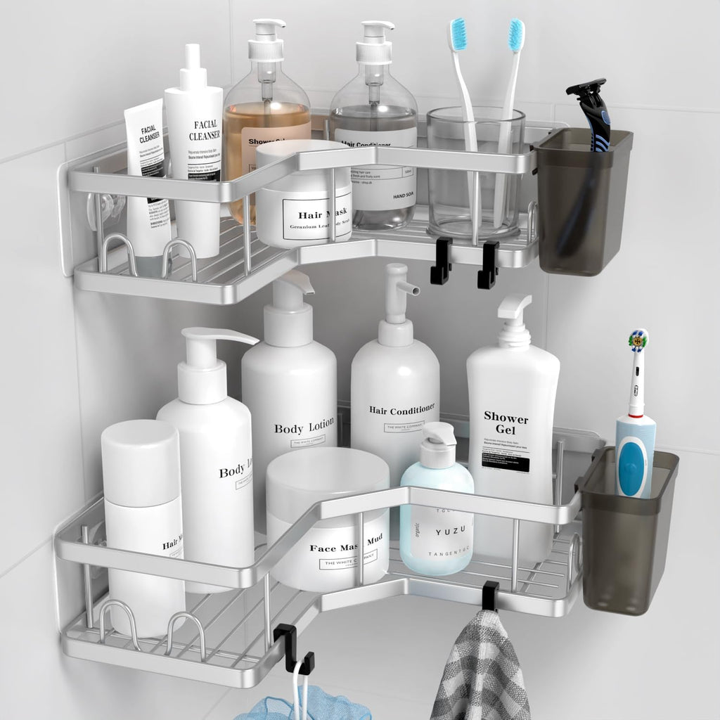 AKTECKE Corner Shower Caddy Shelf Rack: 2 Pack Adhesive Shower Organizer Essentials - No Drilling Stainless Steel Bathroom Storage Rack with Hooks and Toothpaste Holder