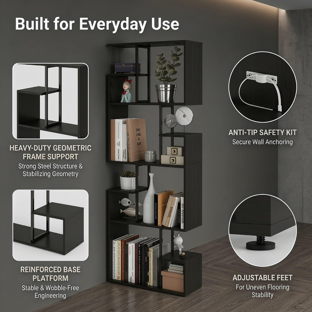 Manora Modern Geometric Bookshelf, 4-Tier Tall Bookcase with Open Display Shelves, Dark Brown Freestanding Storage Organizer for Living Room, Home Office, Bedroom, Rustic Industrial Narrow Shelf Unit
