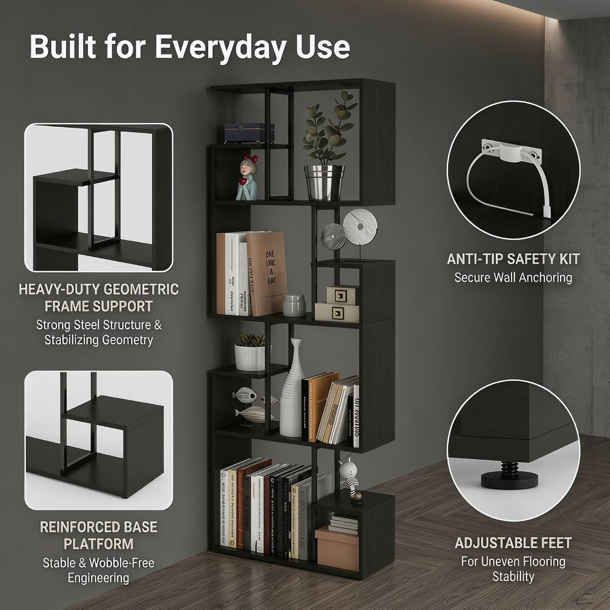Manora Modern Geometric Bookshelf, 4-Tier Tall Bookcase with Open Display Shelves, Dark Brown Freestanding Storage Organizer for Living Room, Home Office, Bedroom, Rustic Industrial Narrow Shelf Unit