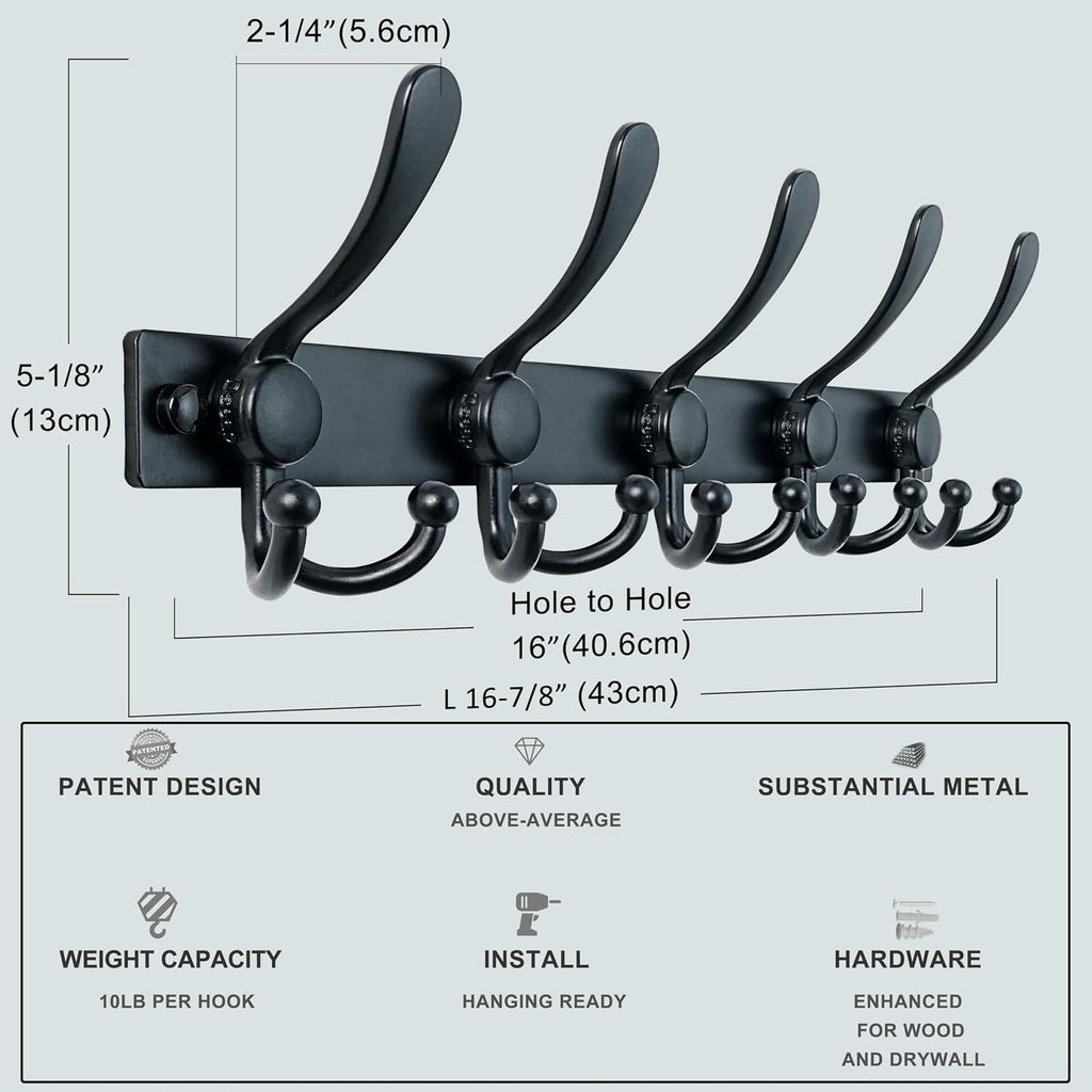 Coat Rack Wall Mount, Heavy Duty 12-Gauge Base vs Flimsy 1mm, Double-Thick Solid Anti-Snap Hooks, 16” Stud-Mount, Stainless Steel Hanger for Clothes Hat Entryway Closet Mudroom, Black