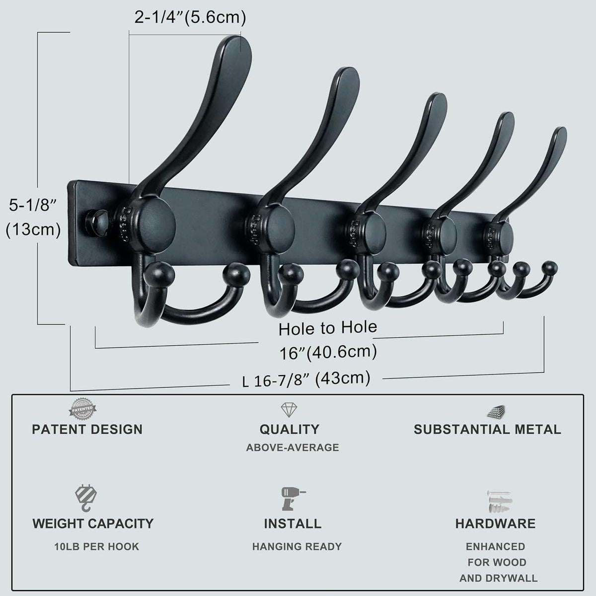 Coat Rack Wall Mount, Heavy Duty 12-Gauge Base vs Flimsy 1mm, Double-Thick Solid Anti-Snap Hooks, 16” Stud-Mount, Stainless Steel Hanger for Clothes Hat Entryway Closet Mudroom, Black
