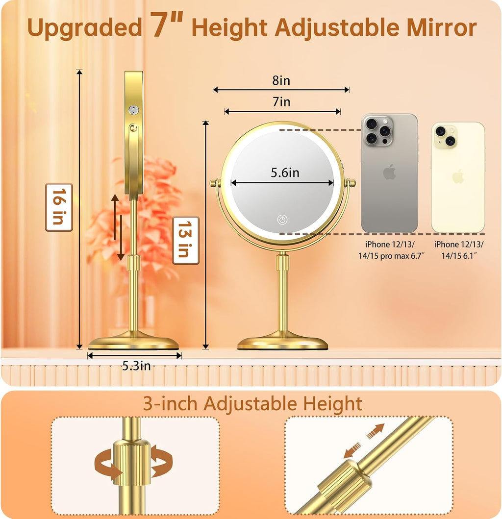 Gospire 7" Lighted Makeup Mirror, 1X/10X Magnification, Height Adjustable
