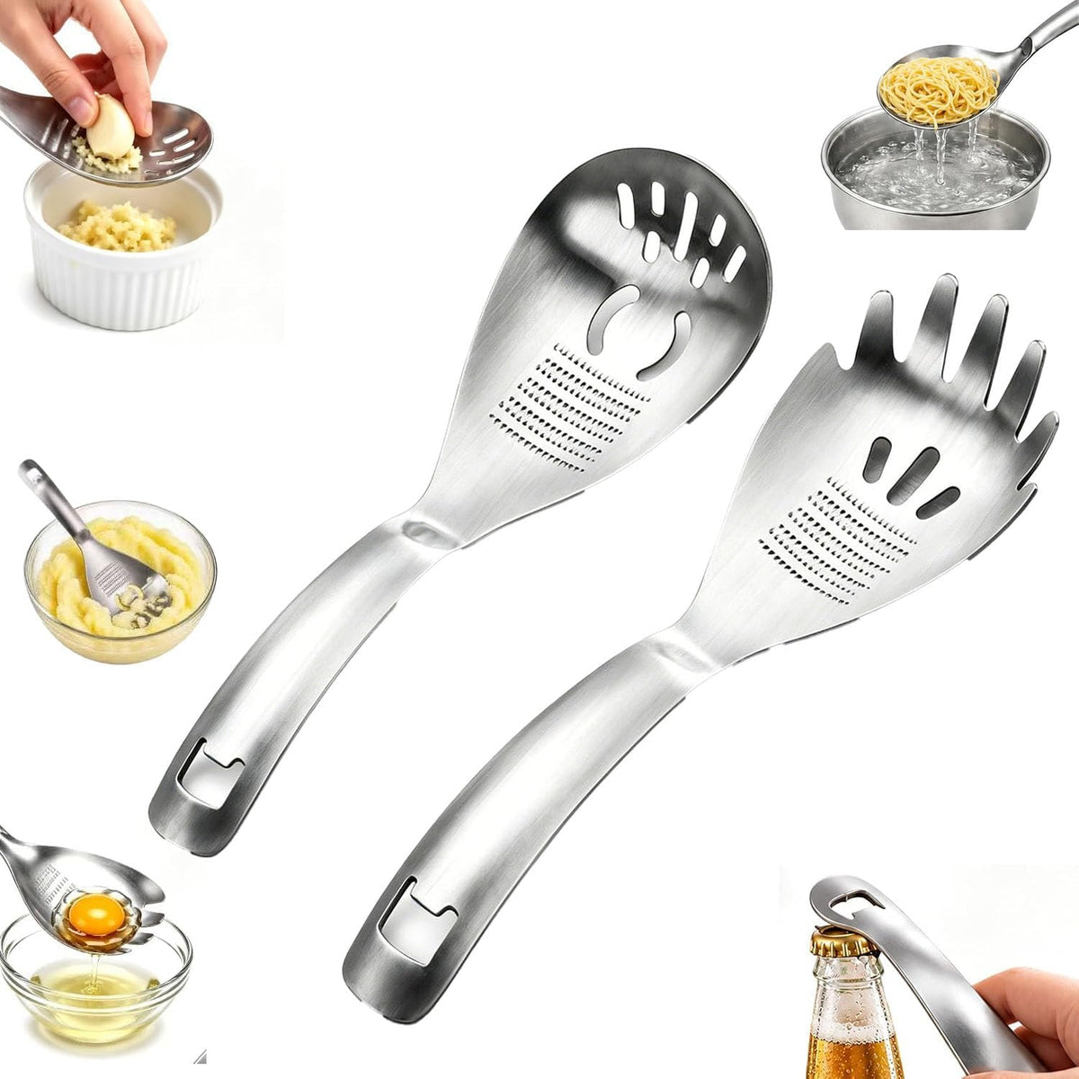 5-in-1 Stainless Steel Cooking Spoon Set, Multifunction Cooking Spoon,with Potato Masher, Egg Yolk Separator, Grater Plate, Bottle Opener & Slotted Spoon(A+B)