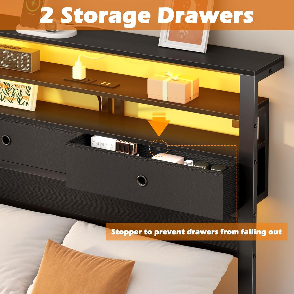 Furnulem Twin Bed Frames with Charging Station and LED Lights, Black Oak