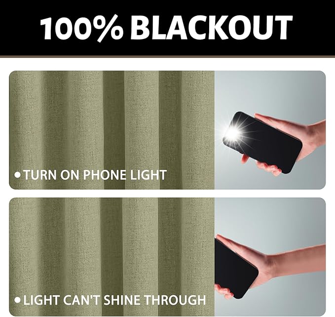 Yakamok Sage Green Linen Curtains 100% Blackout 90 Inches Long, Room Darkening - Image 2