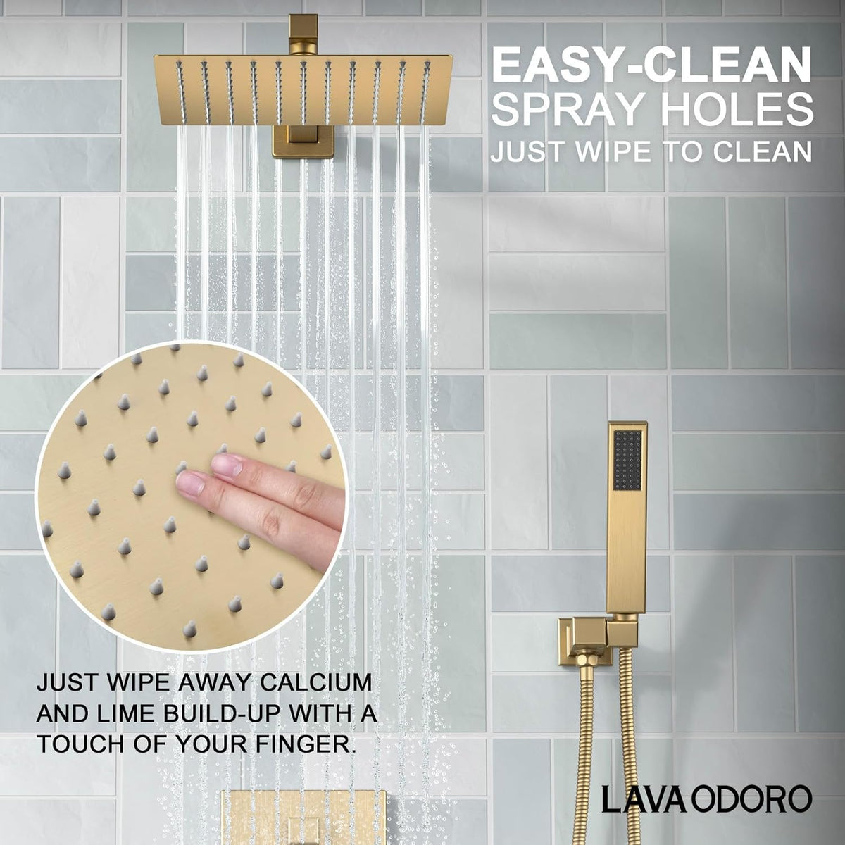 Lava Odoro Modern 3-Setting Square Shower and Tub Faucet Set with Shower Head and Handheld Sprayer Gold, Rainfall Shower System with Tub Spout, Shower Valve Trim Kit, Champagne Gold, SF103-CB-T