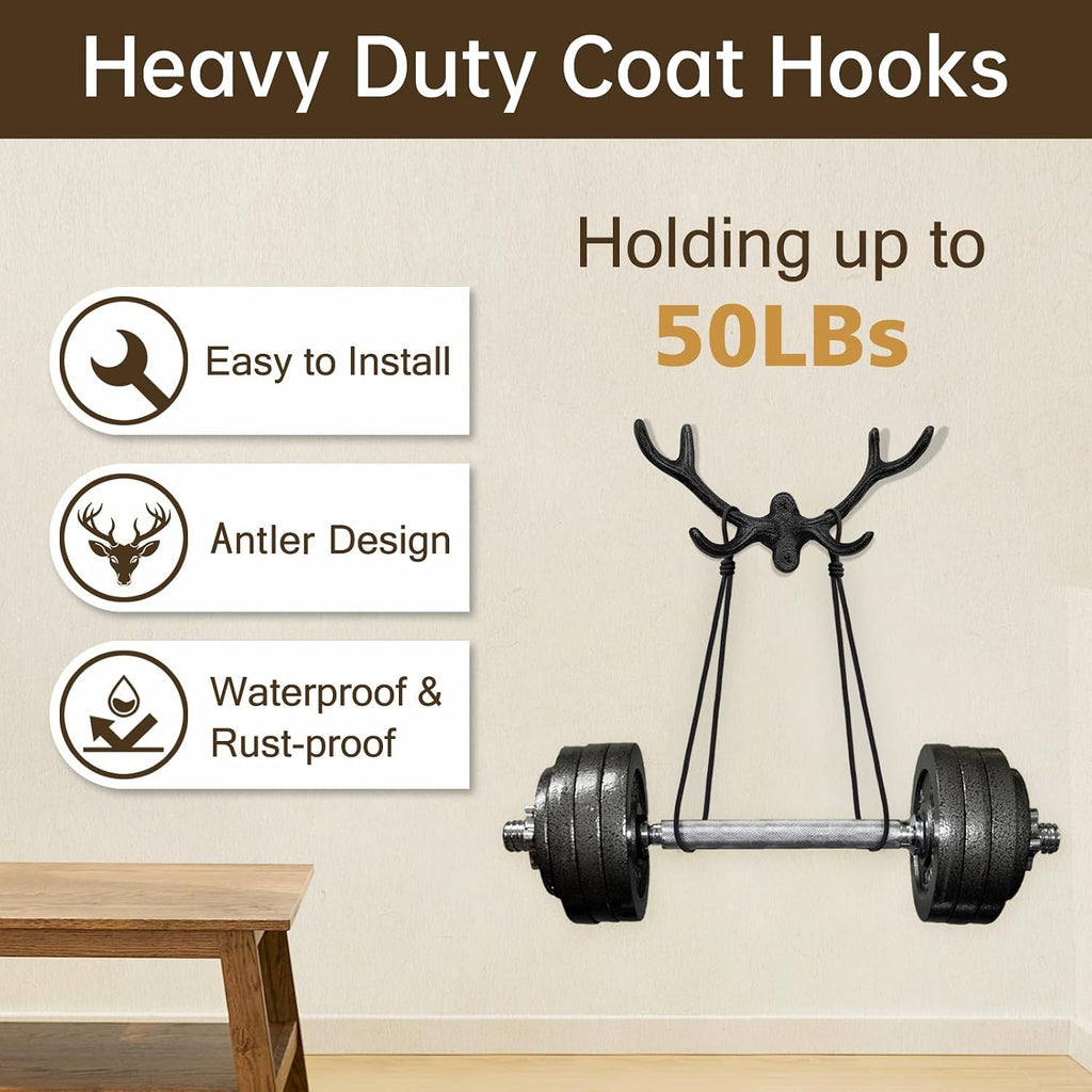 Cast Iron Antler Wall Hook – Black Rustic Deer Antlers Wall Hook, Heavy-Duty Coat & Key Hook for Entryway, Bathroom, or Bedroom, 1 Pack