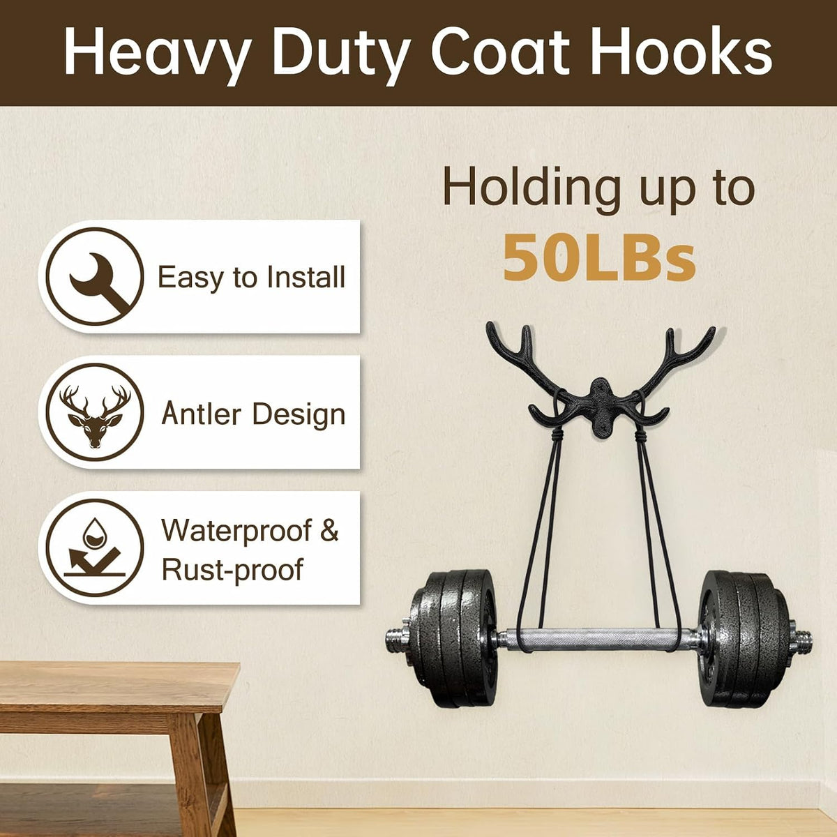 Cast Iron Antler Wall Hook – Black Rustic Deer Antlers Wall Hook, Heavy-Duty Coat & Key Hook for Entryway, Bathroom, or Bedroom, 1 Pack