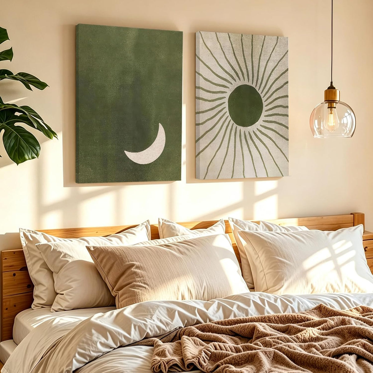 PYOYGU Sage Green Boho Sun & Moon Bedroom Wall Decor Set of 2, 12x16 In